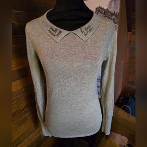 NWT Oasis XS Gray Beaded Collar Sweater